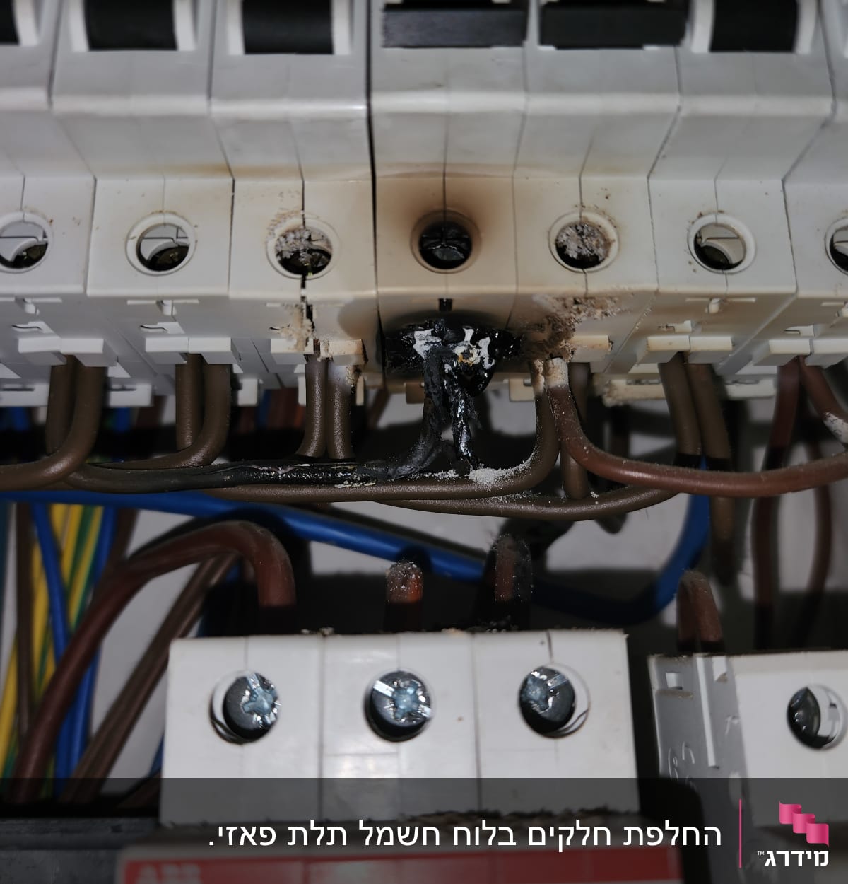 לוח חשמל עם חוטים שרופים ונזק חום